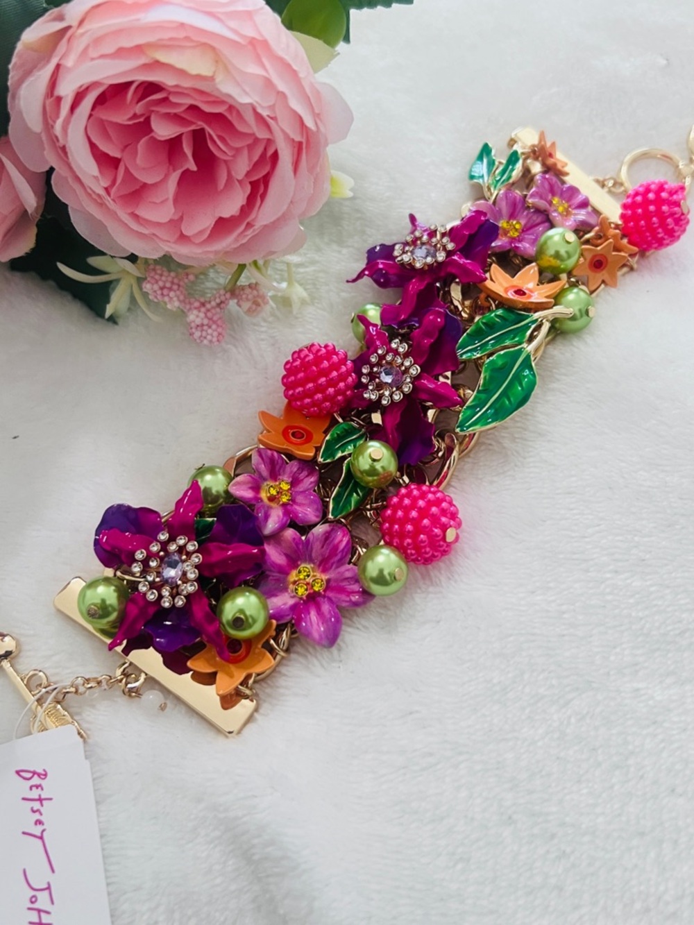 Betsey Johnson Orchid Gold plated garden floral statement bracelet NWT